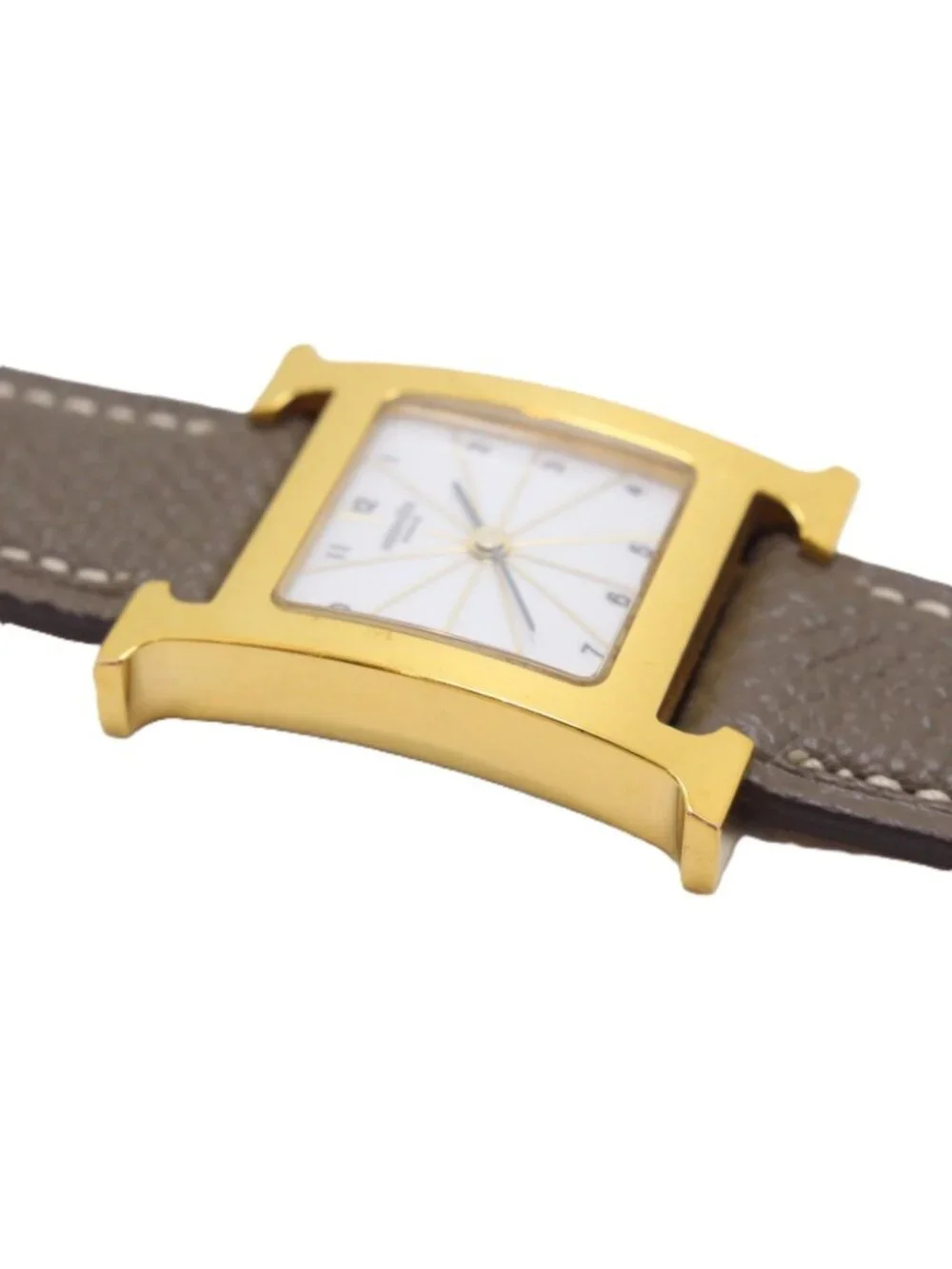 Hermes H Watch Leather Strap White Arabic Dial Quartz